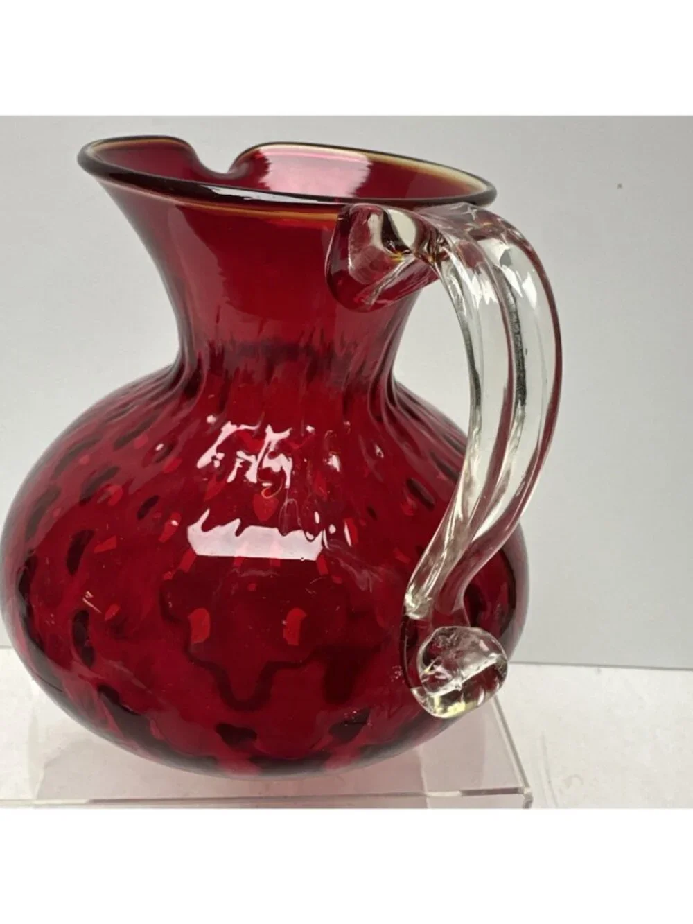 Pilgrim Glass Ruby Red Quilted Optic Pitcher Handle Rim Glows Hand Blown 5”